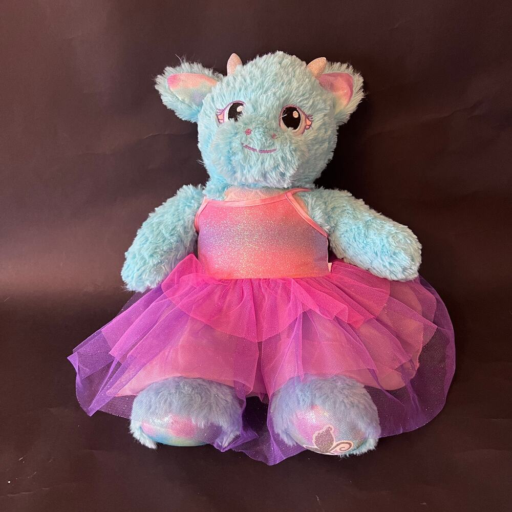 Build a Bear Enchanted Blue Dragon Plush‎ with Pink Purple Dress Outfit